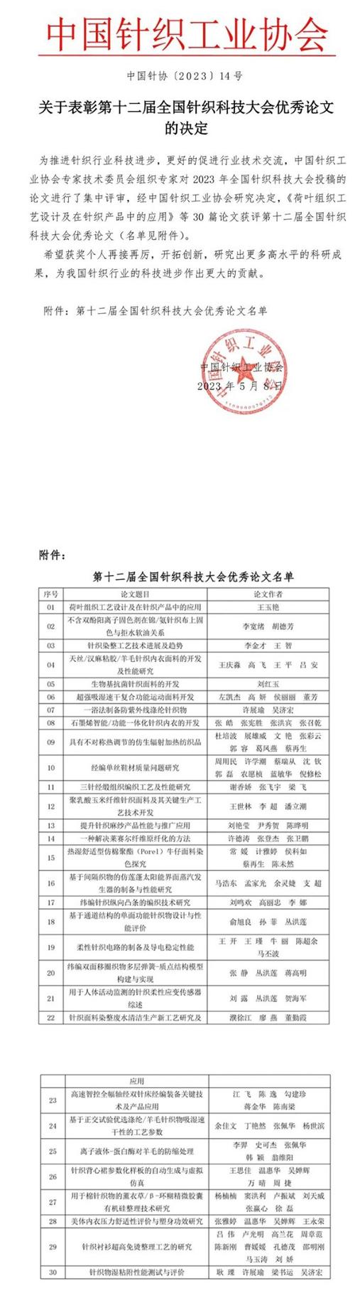  30篇论文获评第十二届全国针织科技大会优秀论文